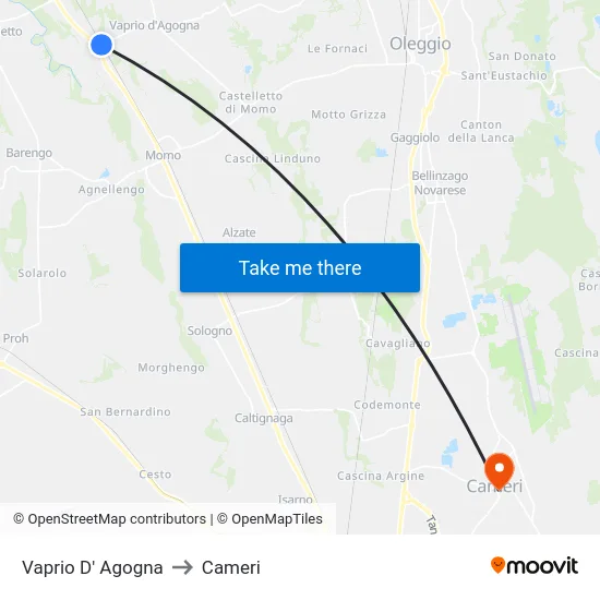 Vaprio D' Agogna to Cameri map