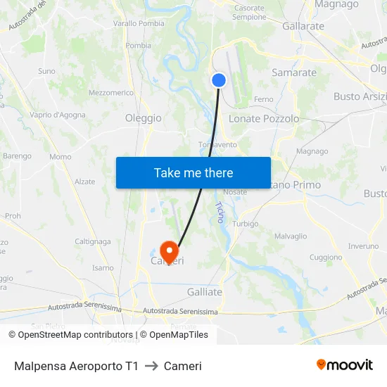 Malpensa Aeroporto T1 to Cameri map