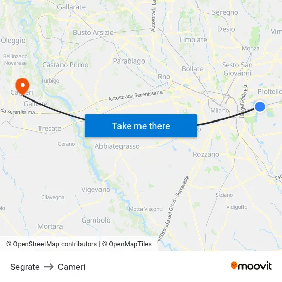 Segrate to Cameri map