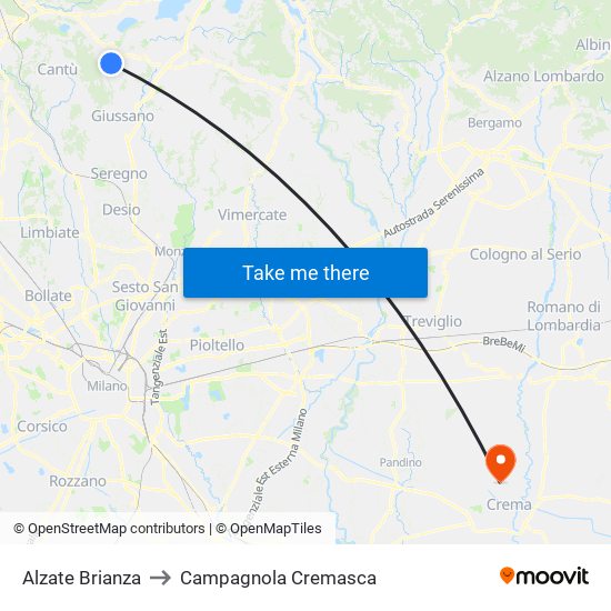 Alzate Brianza to Campagnola Cremasca map