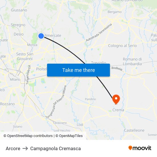 Arcore to Campagnola Cremasca map