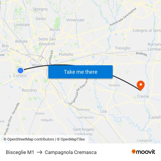 Bisceglie M1 to Campagnola Cremasca map