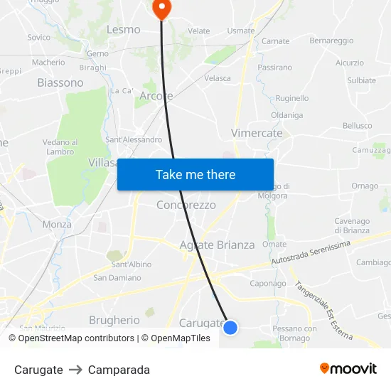 Carugate to Camparada map