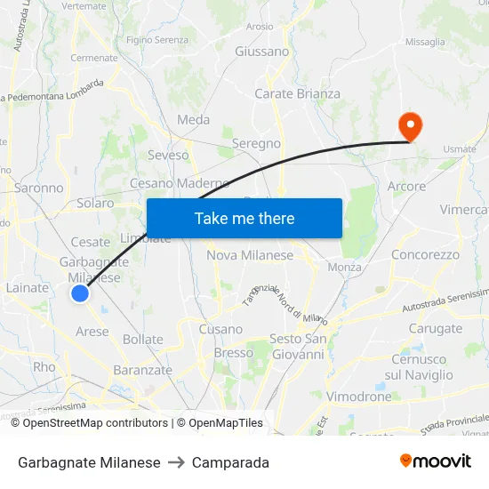 Garbagnate Milanese to Camparada map