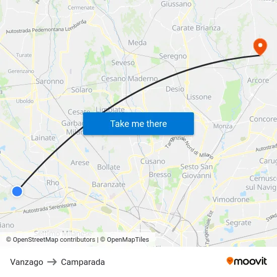 Vanzago to Camparada map