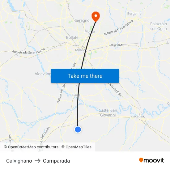 Calvignano to Camparada map
