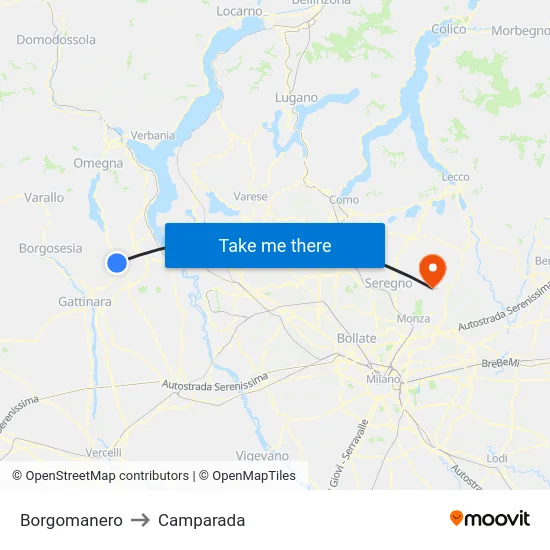 Borgomanero to Camparada map