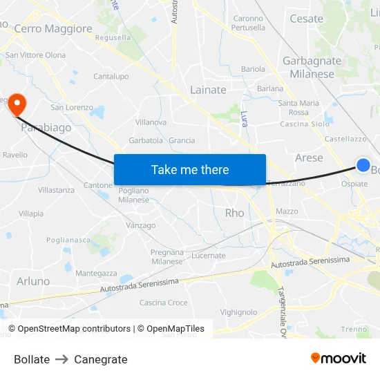Bollate to Canegrate map