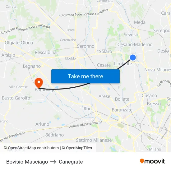 Bovisio-Masciago to Canegrate map