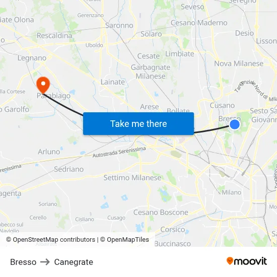 Bresso to Canegrate map