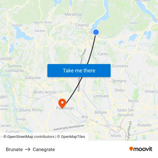 Brunate to Canegrate map