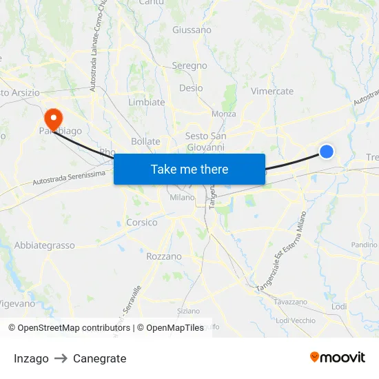 Inzago to Canegrate map