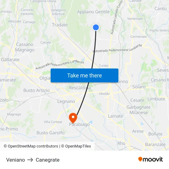 Veniano to Canegrate map