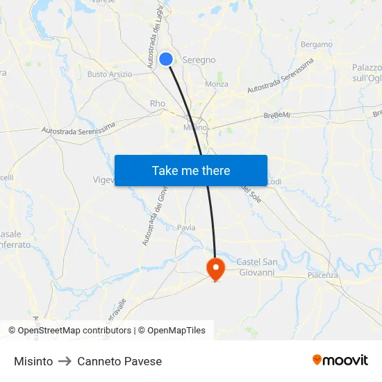 Misinto to Canneto Pavese map