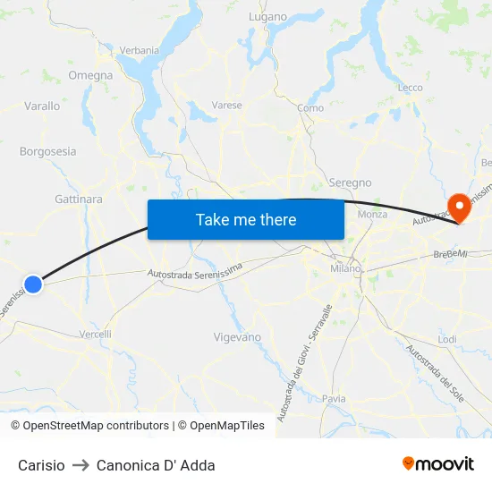 Carisio to Canonica D' Adda map