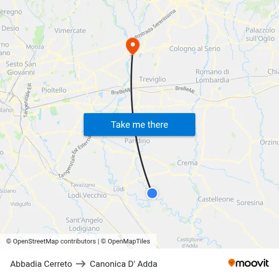 Abbadia Cerreto to Canonica d'Adda map