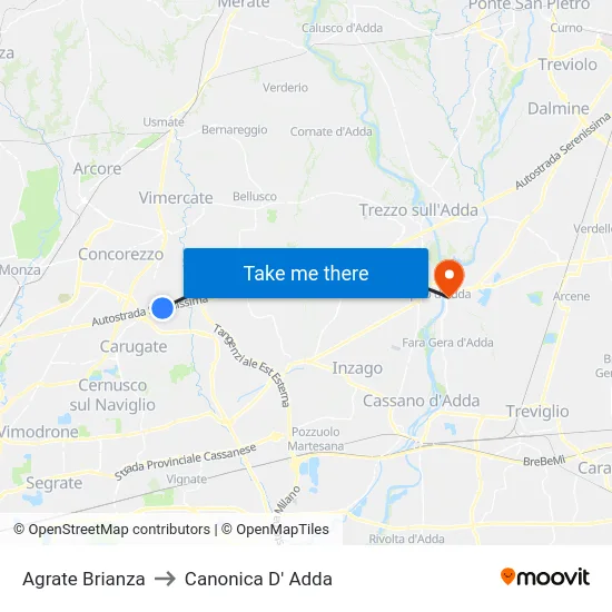 Agrate Brianza to Canonica D' Adda map