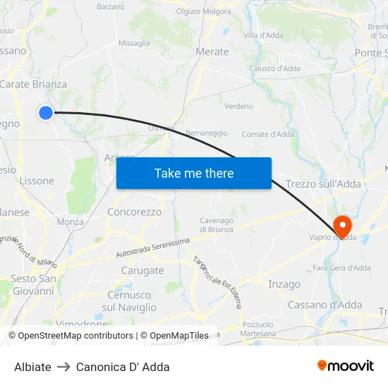 Albiate to Canonica D' Adda map