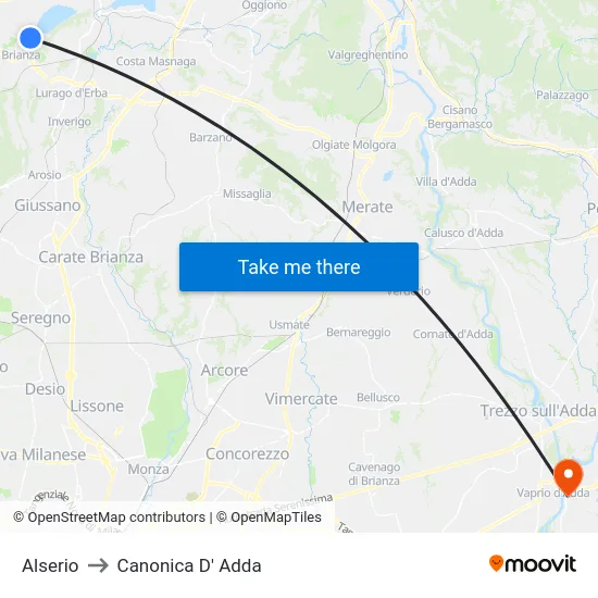 Alserio to Canonica D' Adda map