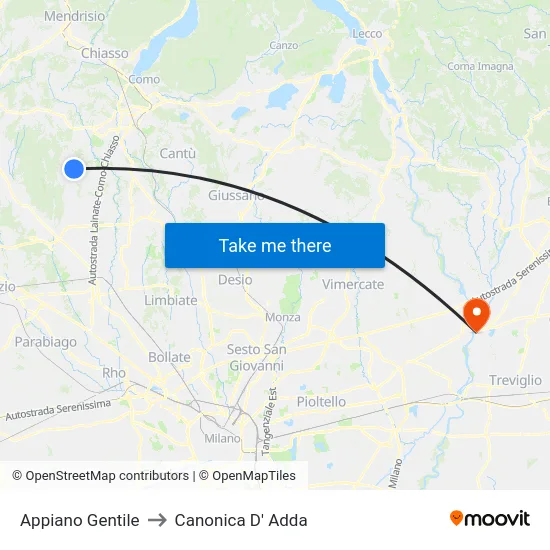 Appiano Gentile to Canonica D' Adda map