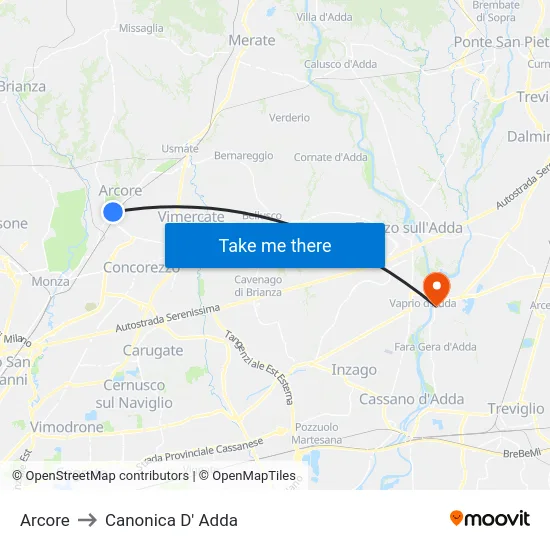 Arcore to Canonica D' Adda map