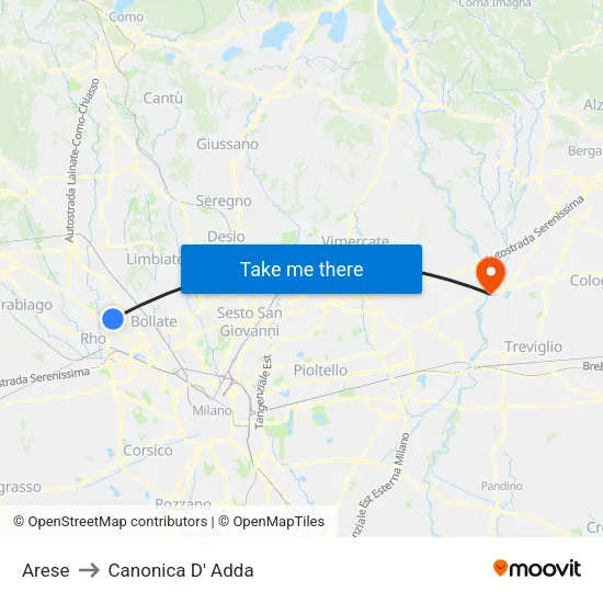 Arese to Canonica D' Adda map