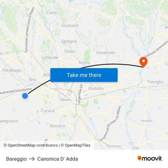 Bareggio to Canonica D' Adda map