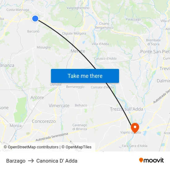 Barzago to Canonica D' Adda map
