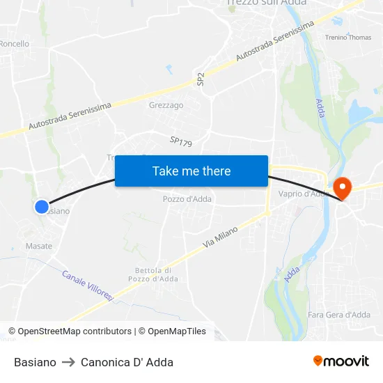 Basiano to Canonica D' Adda map