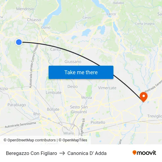 Beregazzo Con Figliaro to Canonica D' Adda map