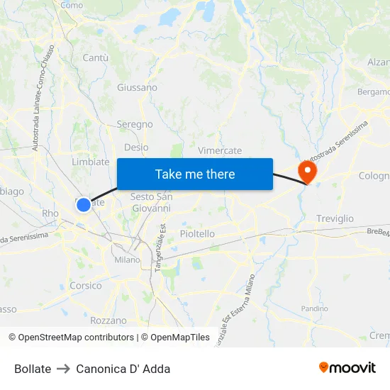 Bollate to Canonica D' Adda map
