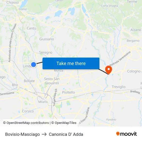 Bovisio-Masciago to Canonica d'Adda map