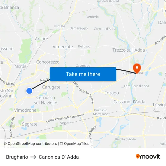 Brugherio to Canonica D' Adda map