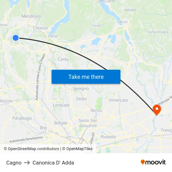 Cagno to Canonica D' Adda map