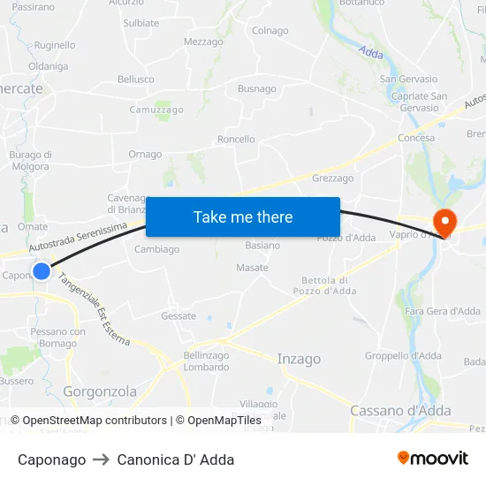 Caponago to Canonica D' Adda map