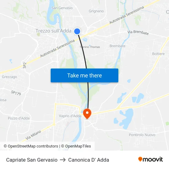 Capriate San Gervasio to Canonica D' Adda map