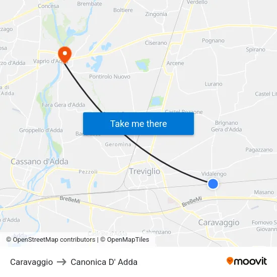 Caravaggio to Canonica D' Adda map