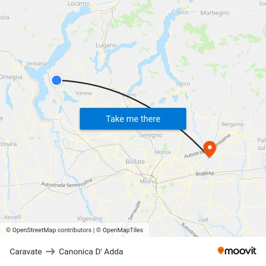 Caravate to Canonica D' Adda map