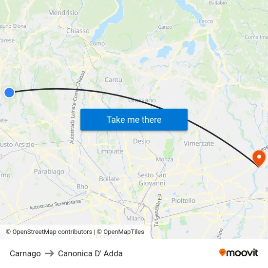 Carnago to Canonica D' Adda map