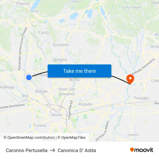 Caronno Pertusella to Canonica D' Adda map