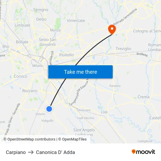 Carpiano to Canonica D' Adda map