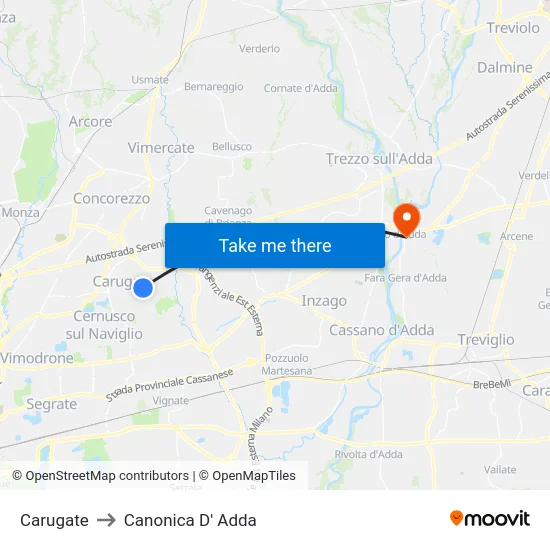 Carugate to Canonica D' Adda map