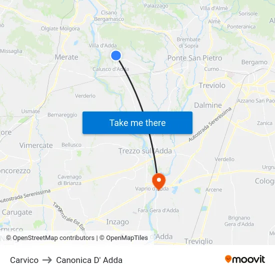 Carvico to Canonica D' Adda map