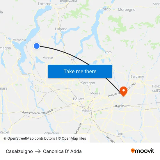 Casalzuigno to Canonica D' Adda map