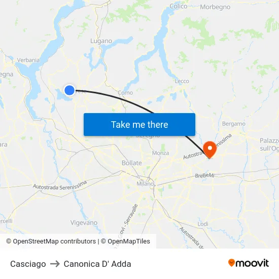 Casciago to Canonica D' Adda map