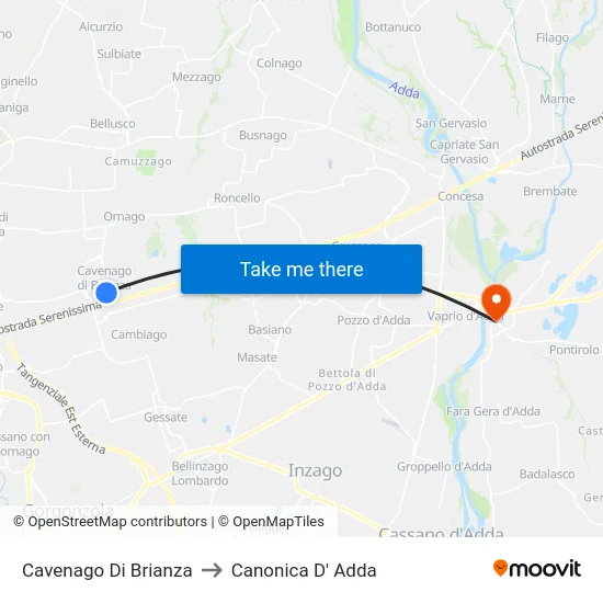 Cavenago di Brianza to Canonica d'Adda map