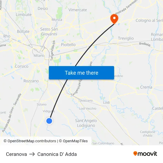 Ceranova to Canonica D' Adda map