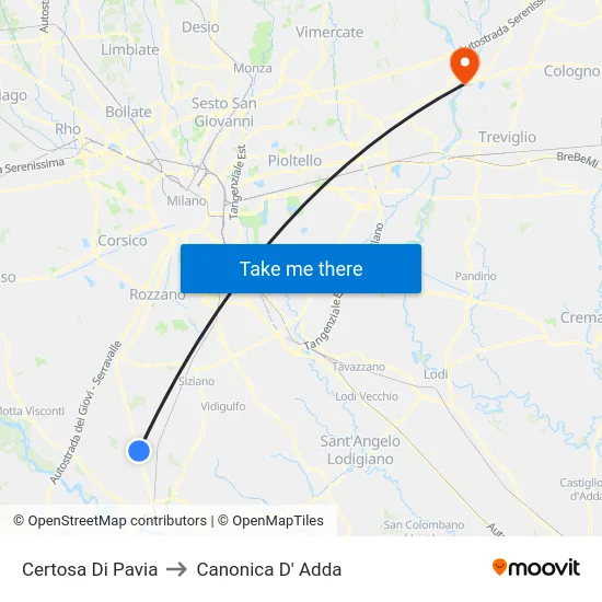 Certosa Di Pavia to Canonica D' Adda map