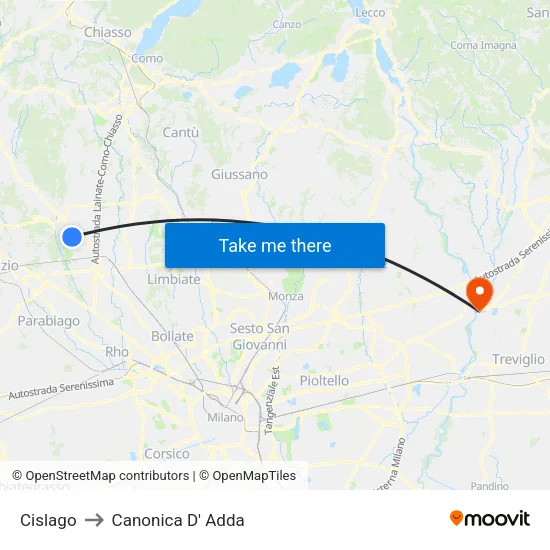 Cislago to Canonica D' Adda map