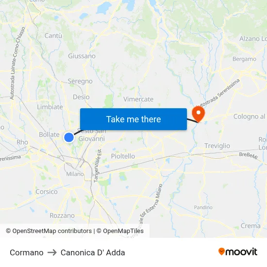 Cormano to Canonica d'Adda map